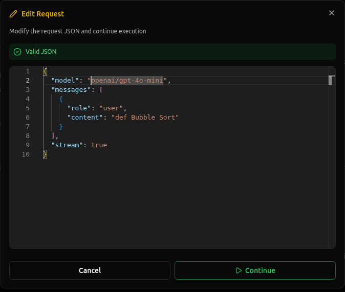 Edit Request modal with JSON editor