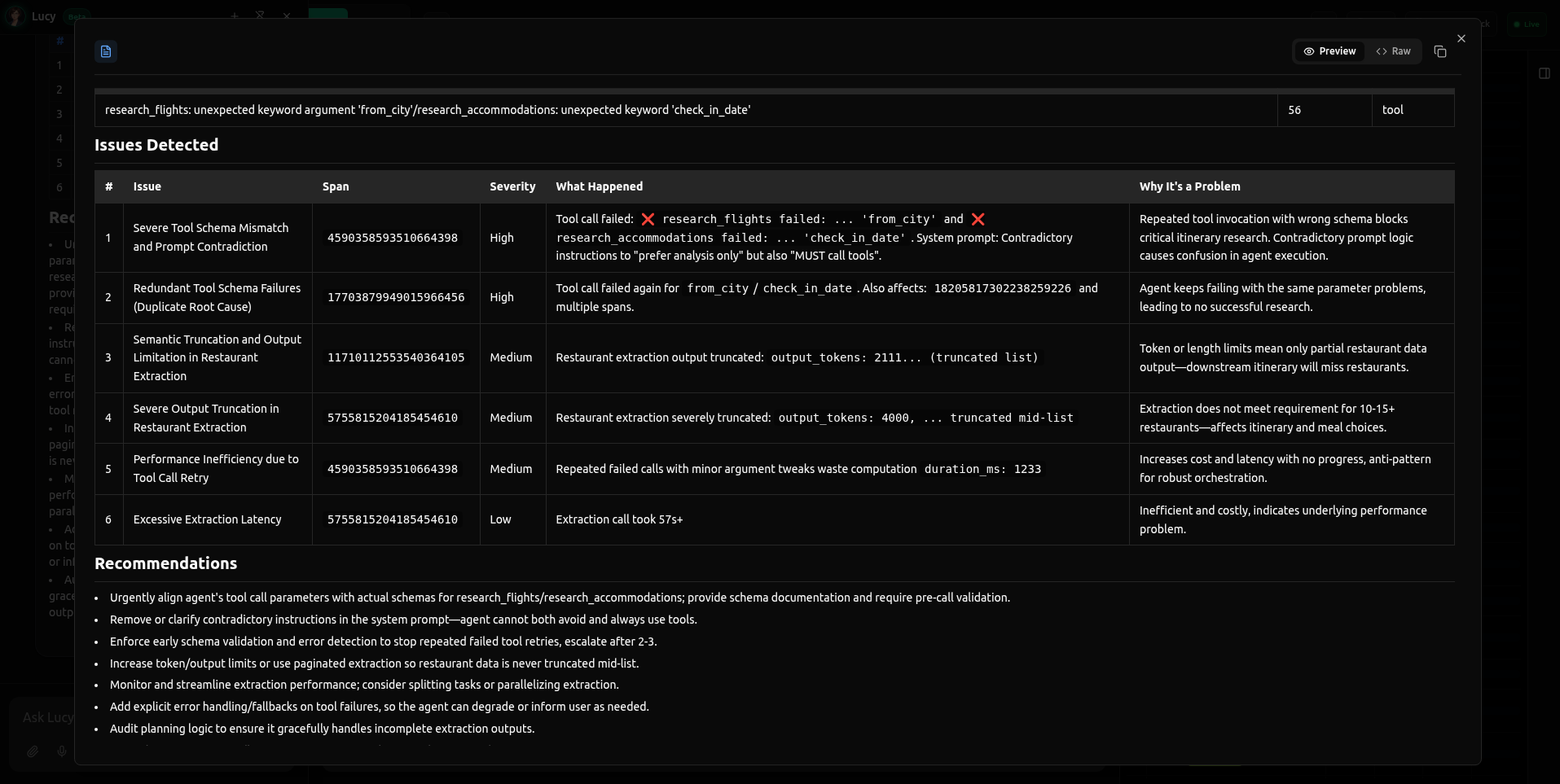 Lucy interface showing detected issues list