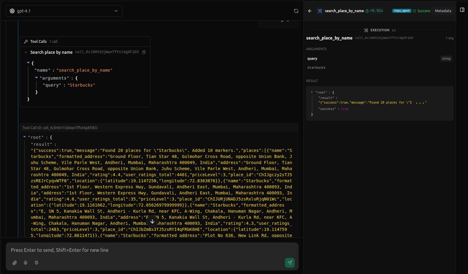 Maps Tool call arguments
