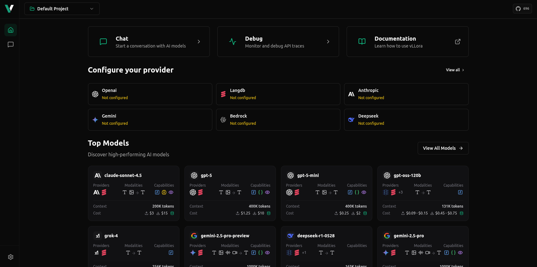 vLLora Dashboard showing Chat, Debug, and provider setup